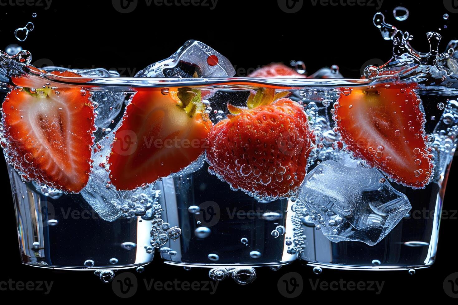 Clear Water Glass with Floating Strawberry Slices and Ice Cubes photo