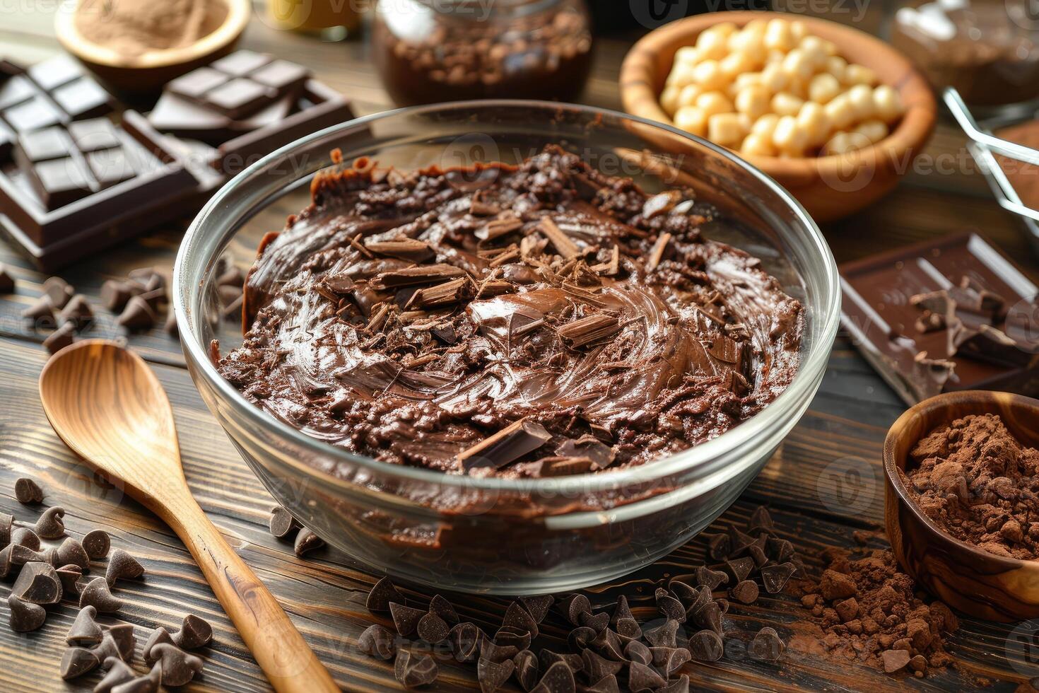 Bowl of melted chocolate with chocolate chips cocoa powder and nuts photo