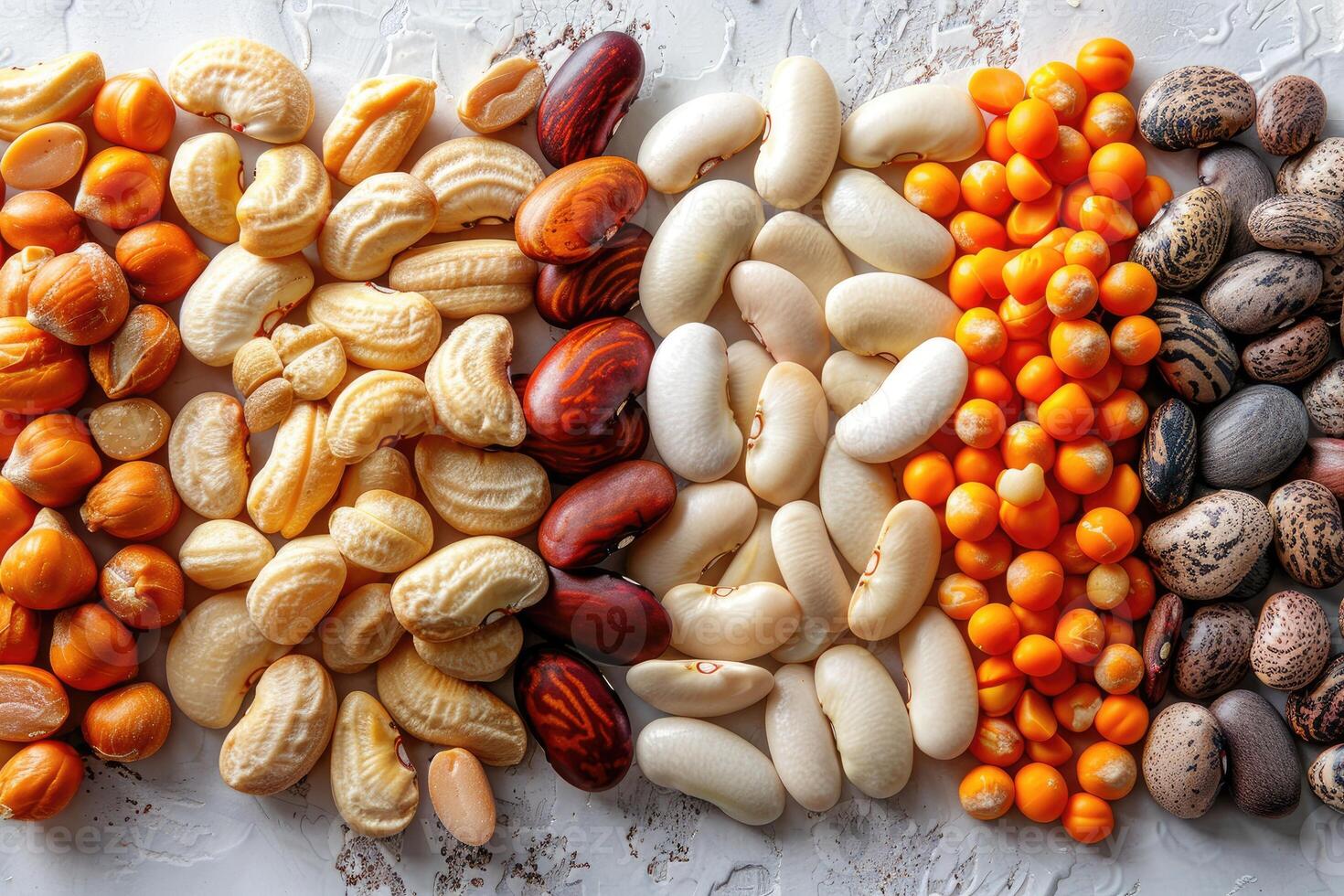 Colorful variety of beans and grains arranged in separate piles on a white surface photo