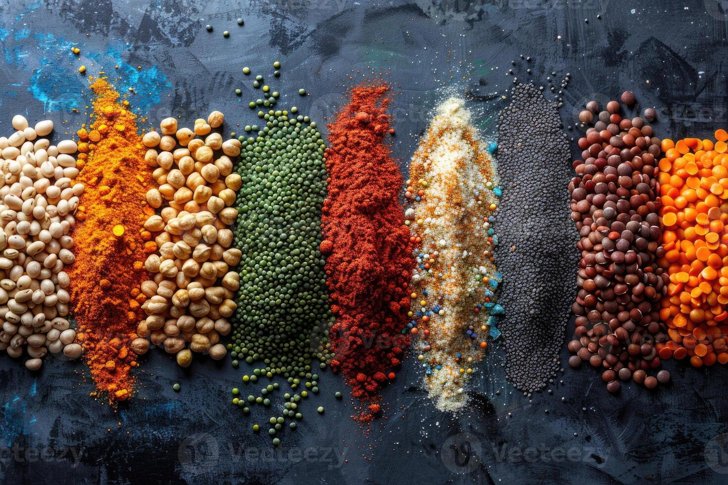 Colorful variety of dried spices and legumes arranged in a row on a dark blue stone background photo