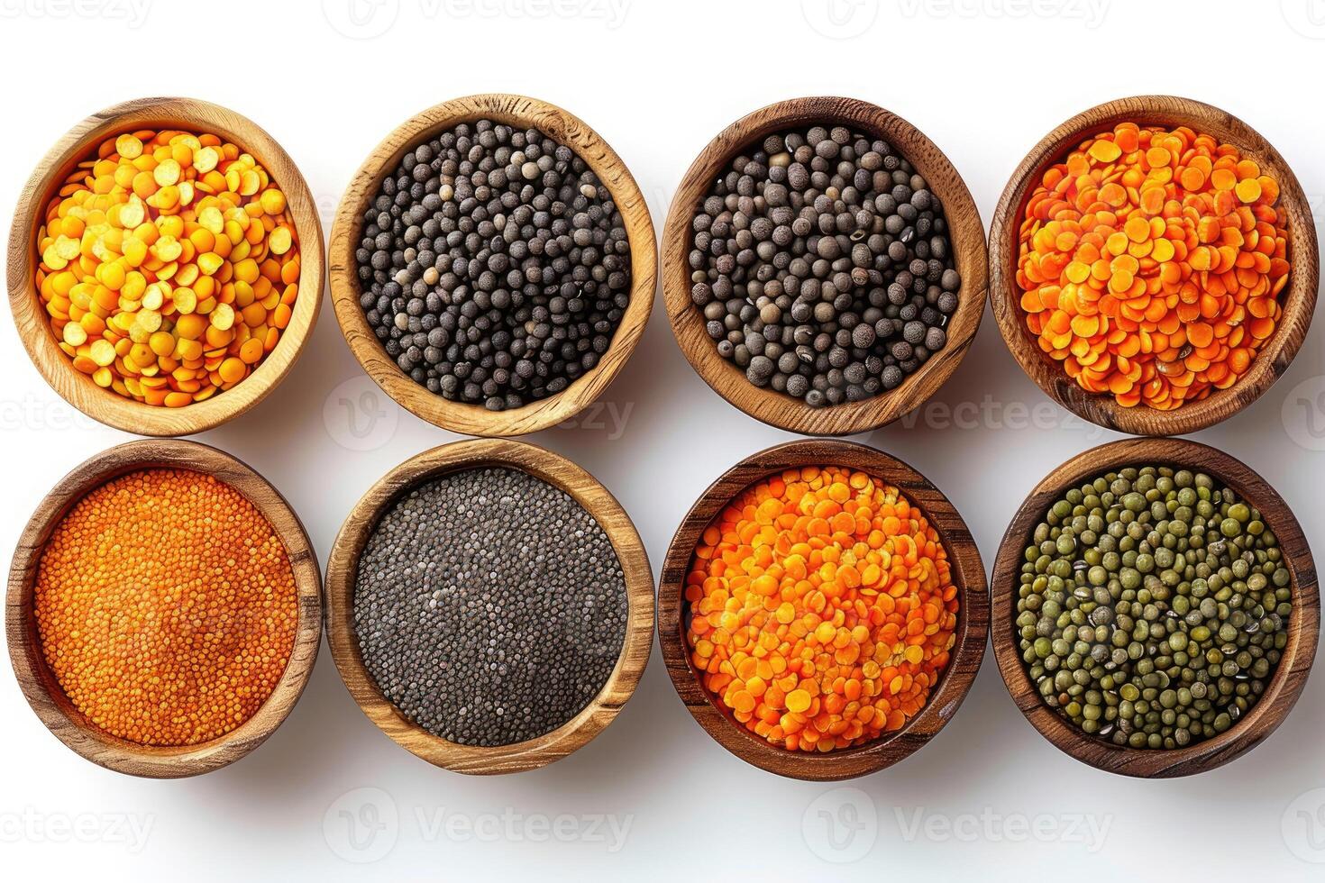 Various types of lentils in wooden bowls on a white background photo