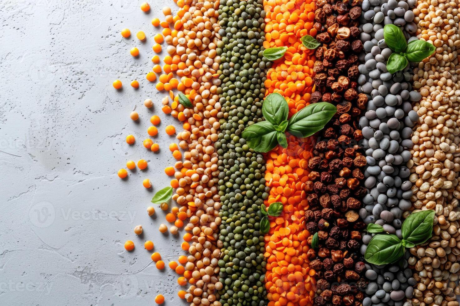 Colorful arrangement of various types of dried split peas and lentils with green basil leaves on a concrete background photo