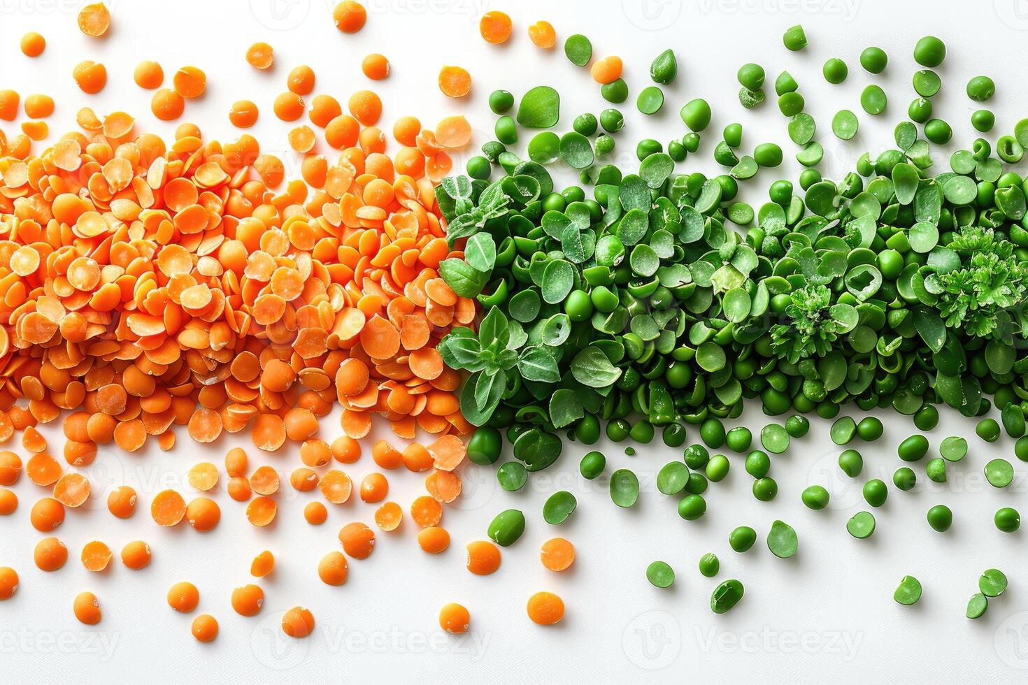 Colorful lentils and peas arranged in a visually pleasing pattern on a white background photo