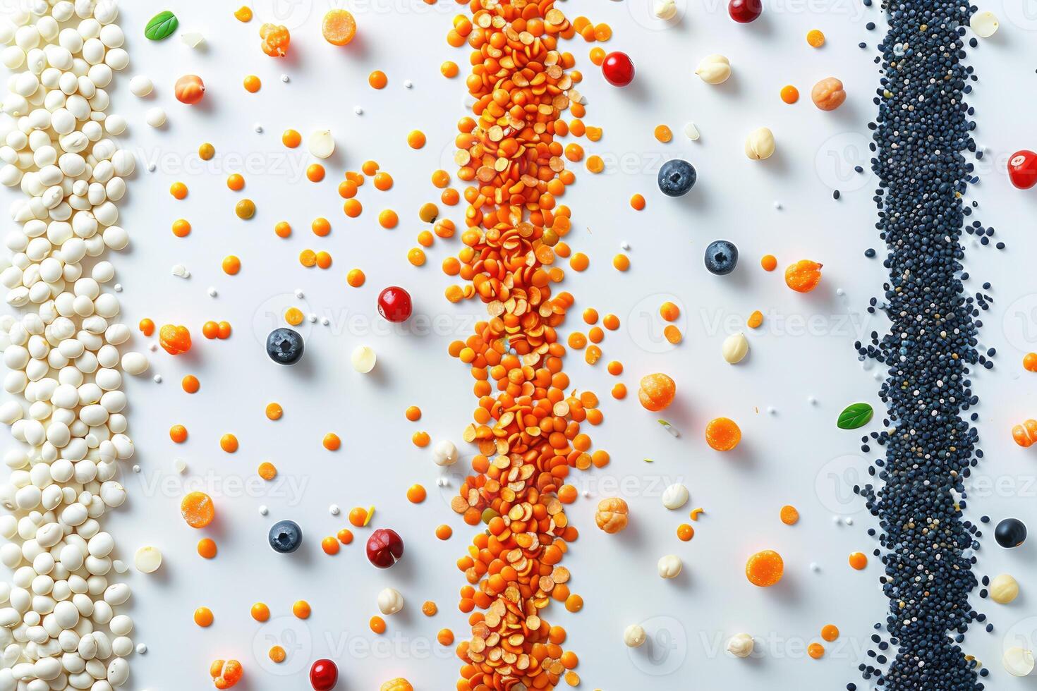 Colorful arrangement of various beans lentils and berries on white background photo