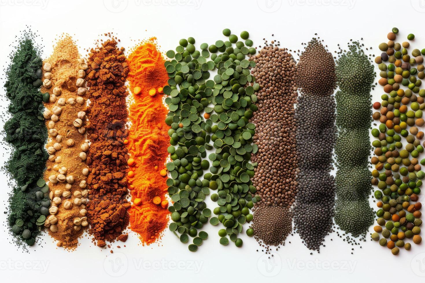 Colorful powders and grains arranged in a row on white background photo