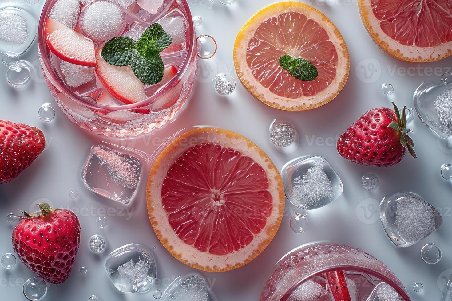 Refreshing pink lemonade with strawberries and grapefruit slices photo