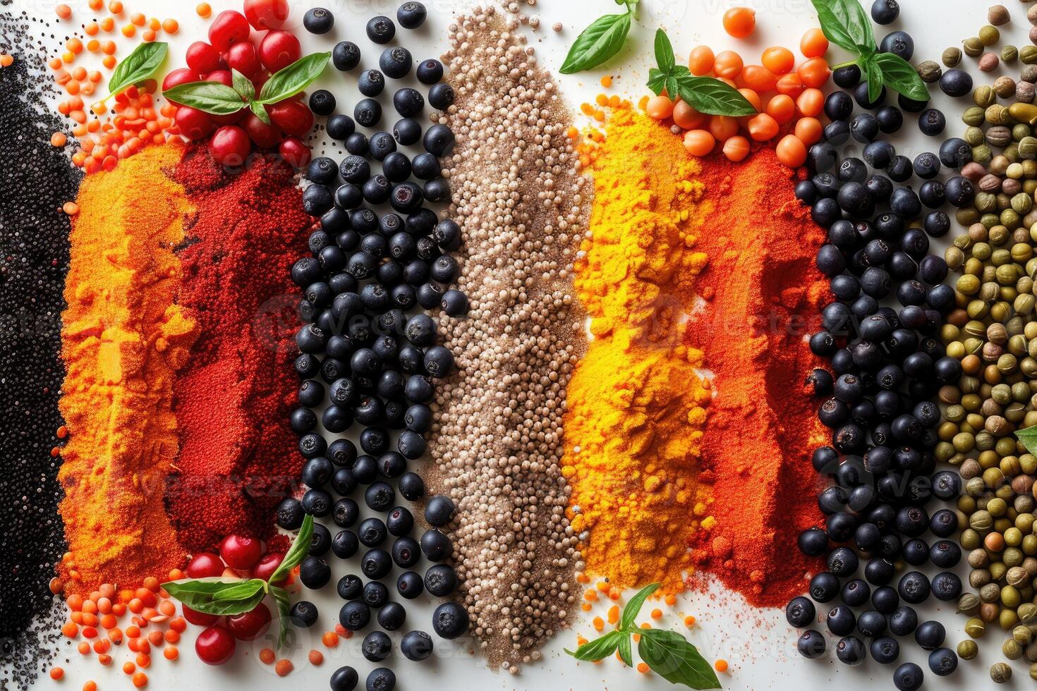 Colorful spices and berries arranged in neat rows on a white surface photo