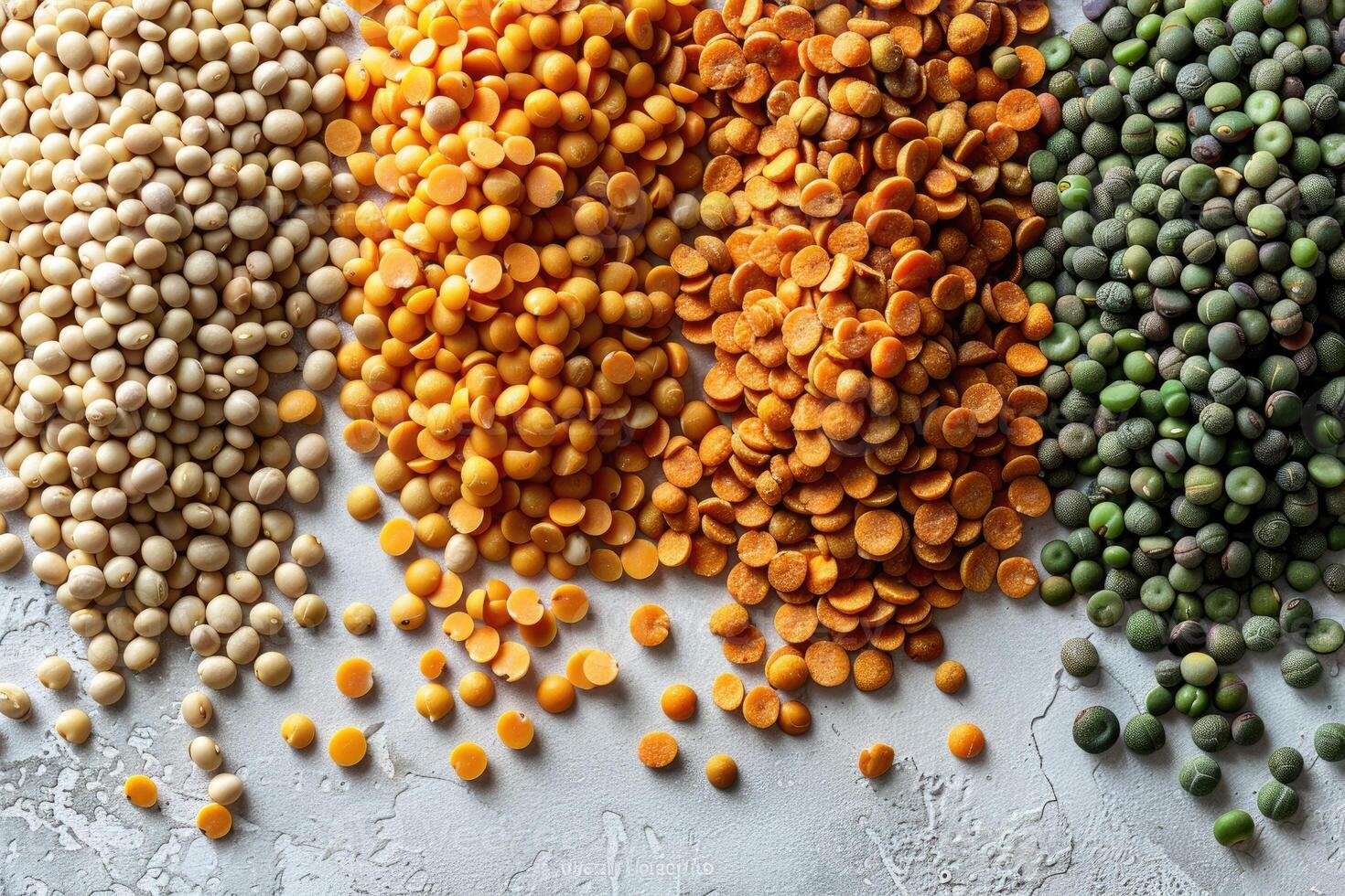 Colorful varieties of dried split peas and soybeans on a white surface photo