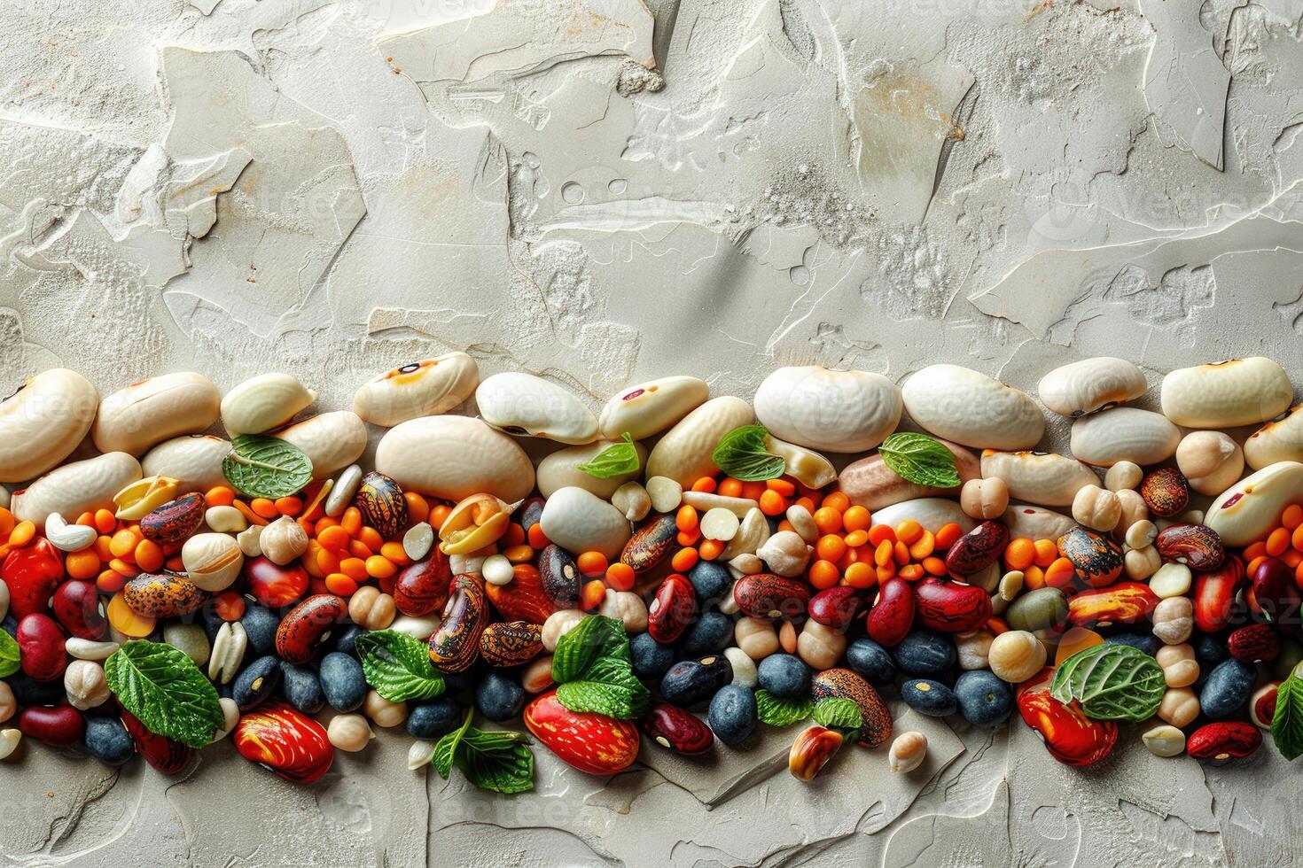 Colorful variety of beans and lentils arranged in a row on a textured surface photo
