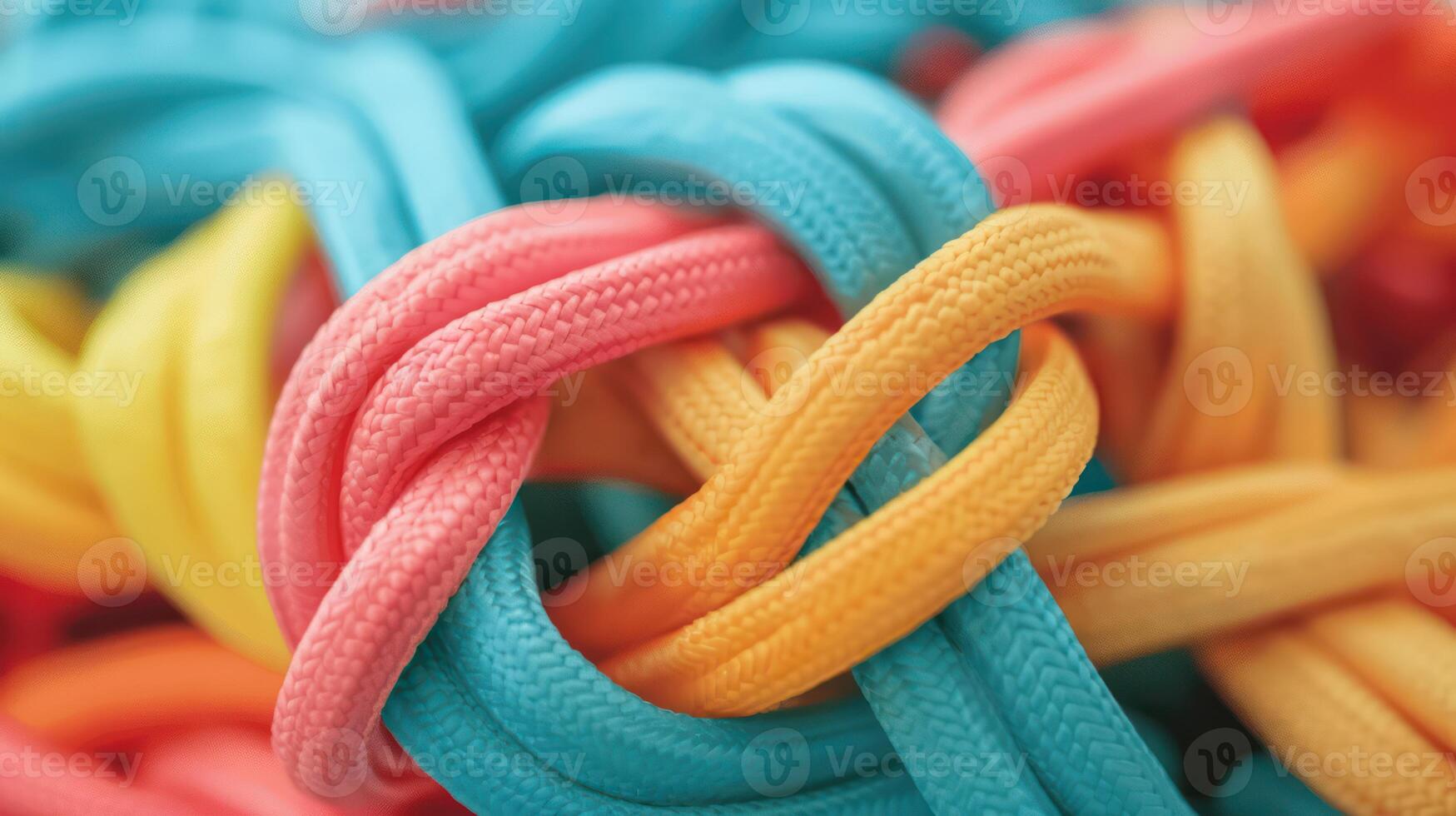 Vibrant Resistance Bands Intertwined in Artistic Close-Up with Blurred Gym Background, Texture and Color Emphasis, photo