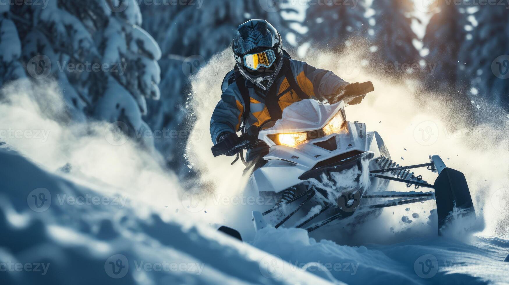 Snowmobile riding with fun in deep snow powder during backcountry tour. Neural network photo