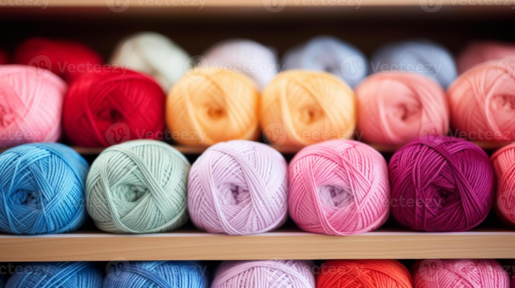 Many multi-colored balls of threads on a knitted fabric, close-up. Neural network photo
