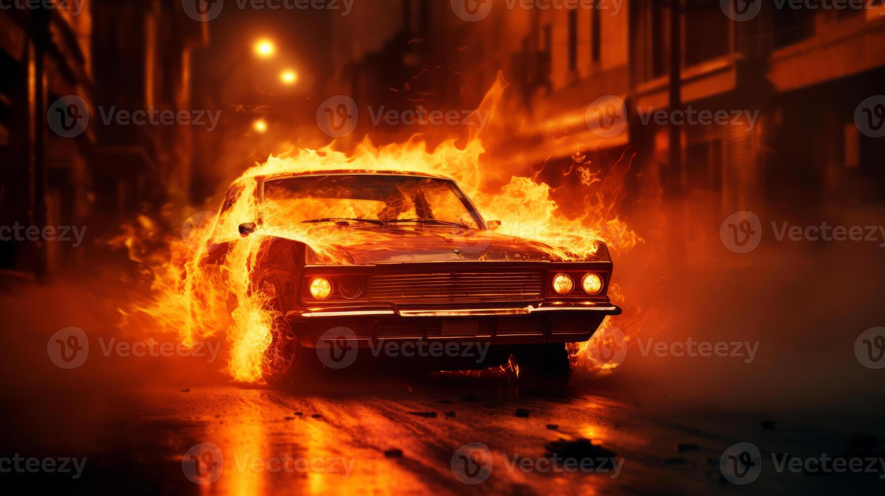 a car is on fire on the highway. Neural network photo
