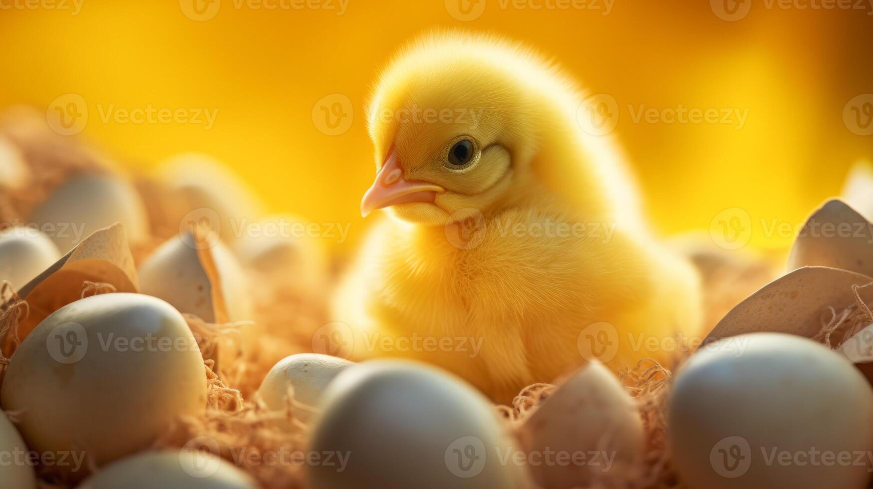 Close up of small cute newborn chick, just hatched in incubator. Neural network photo