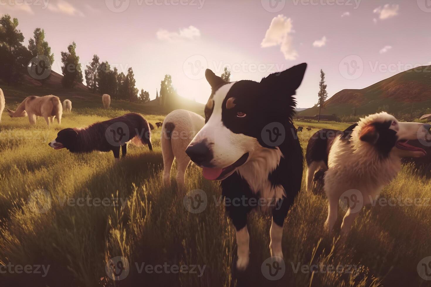 Flock of sheep with dog on green field. Neural network photo