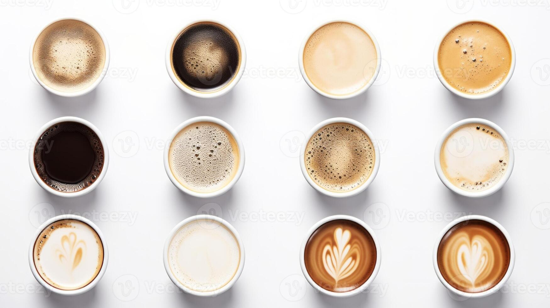 Many cups with tasty aromatic coffee on white background. Neural network photo