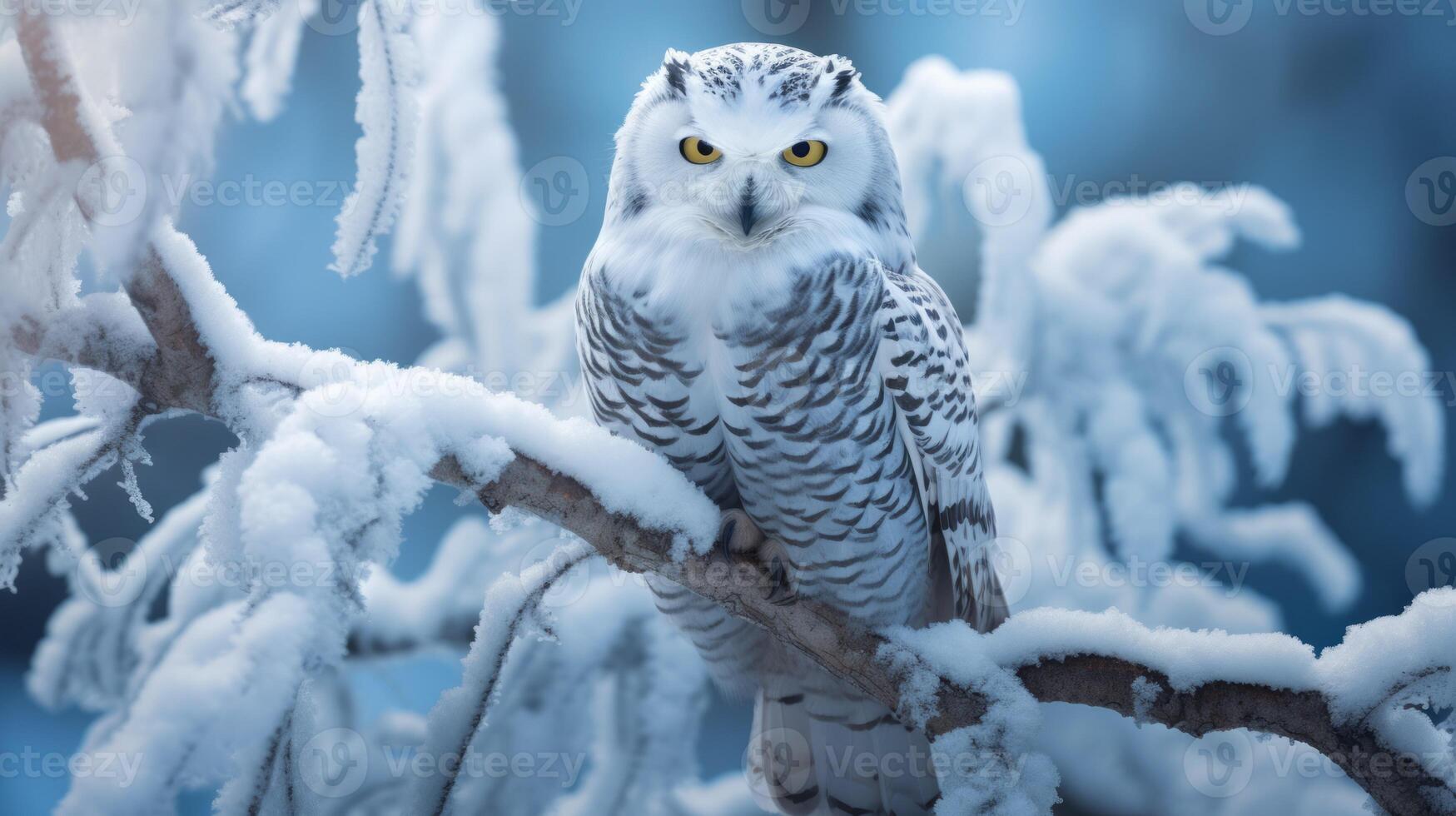 White owl sitting on thick tree branch in snowy winter time. Neural network photo