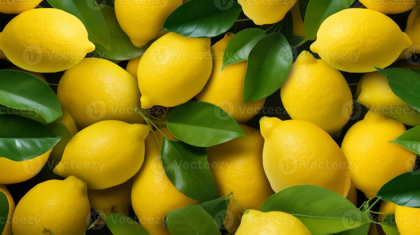 Many fresh ripe lemons with green leaves as background. image photo