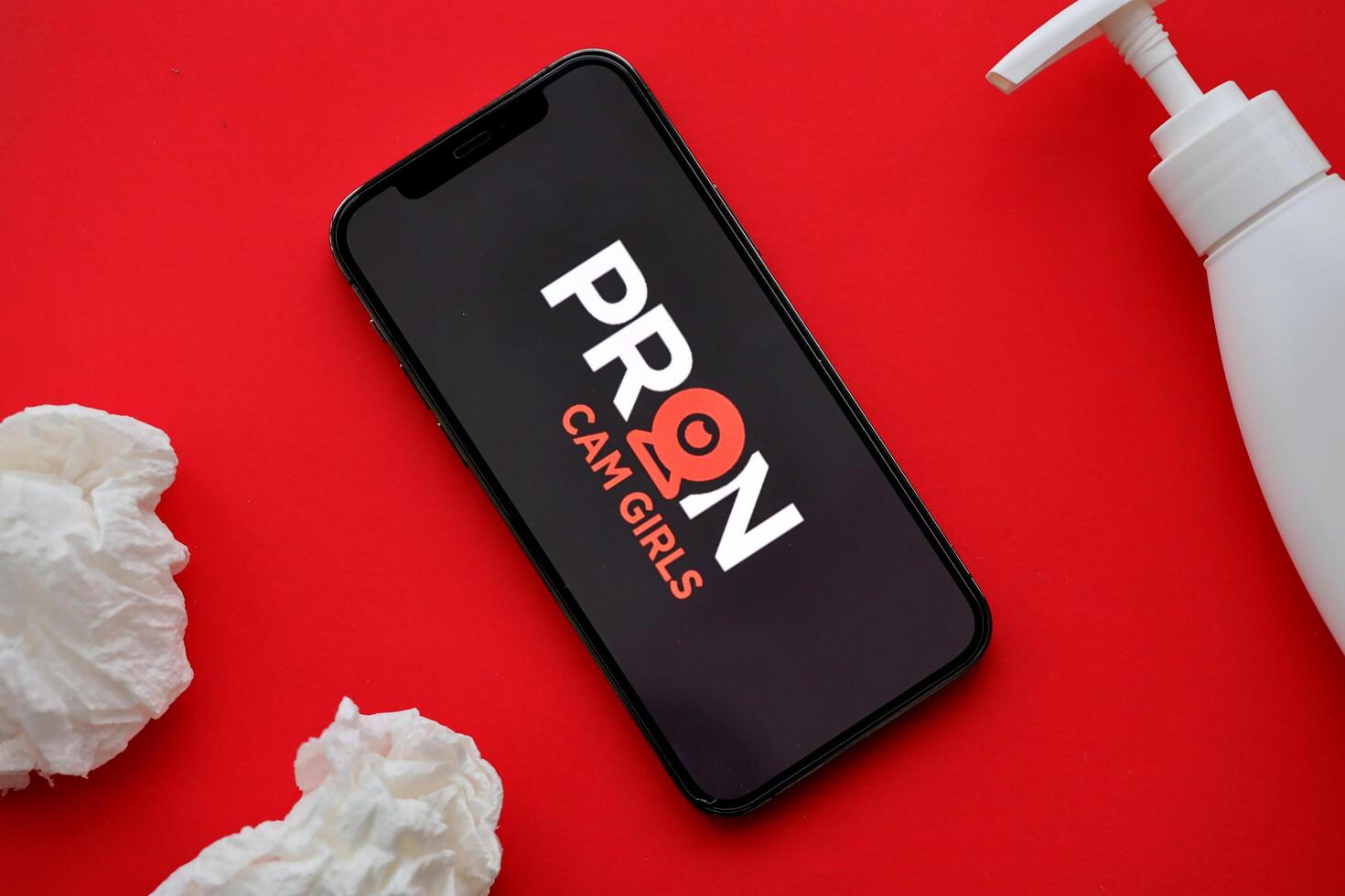KYIV, UKRAINE - JANUARY 23, 2024 PronCamGirls adult content website logo on display of iPhone 12 Pro photo