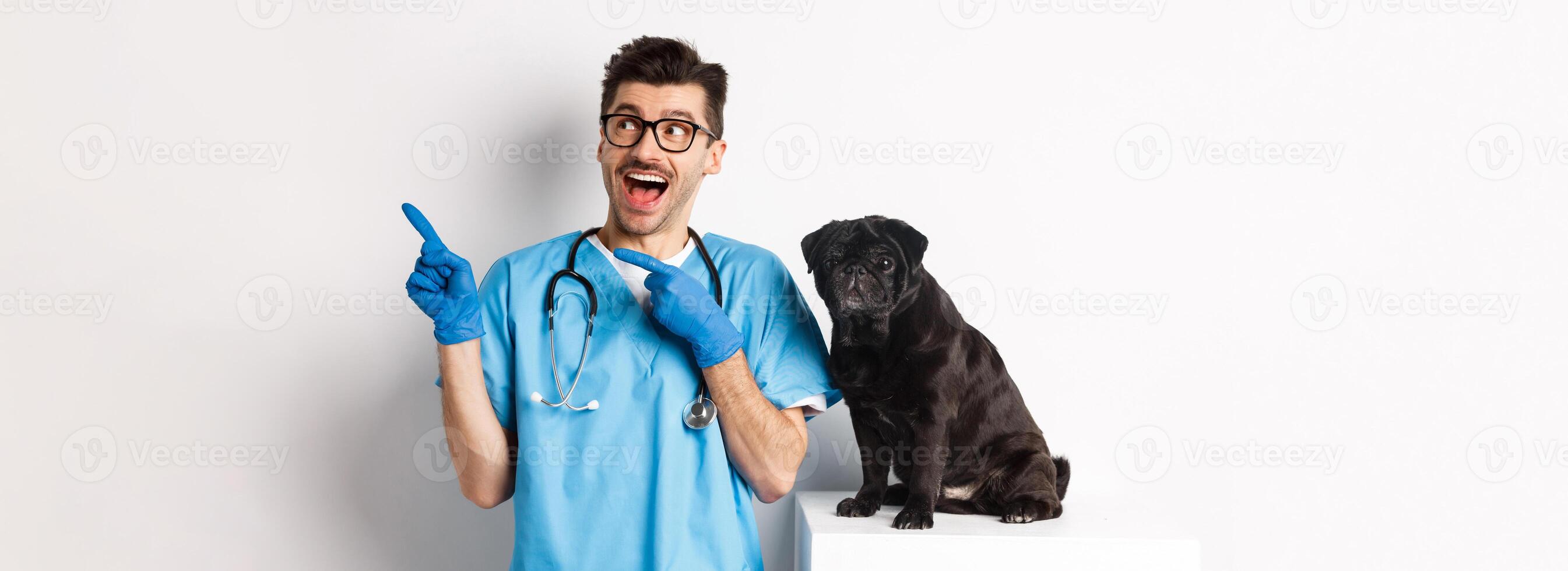 Handsome young doctor at vet clinic pointing fingers upper right corner and looking amazed, standing near cute black pug dog, white background photo