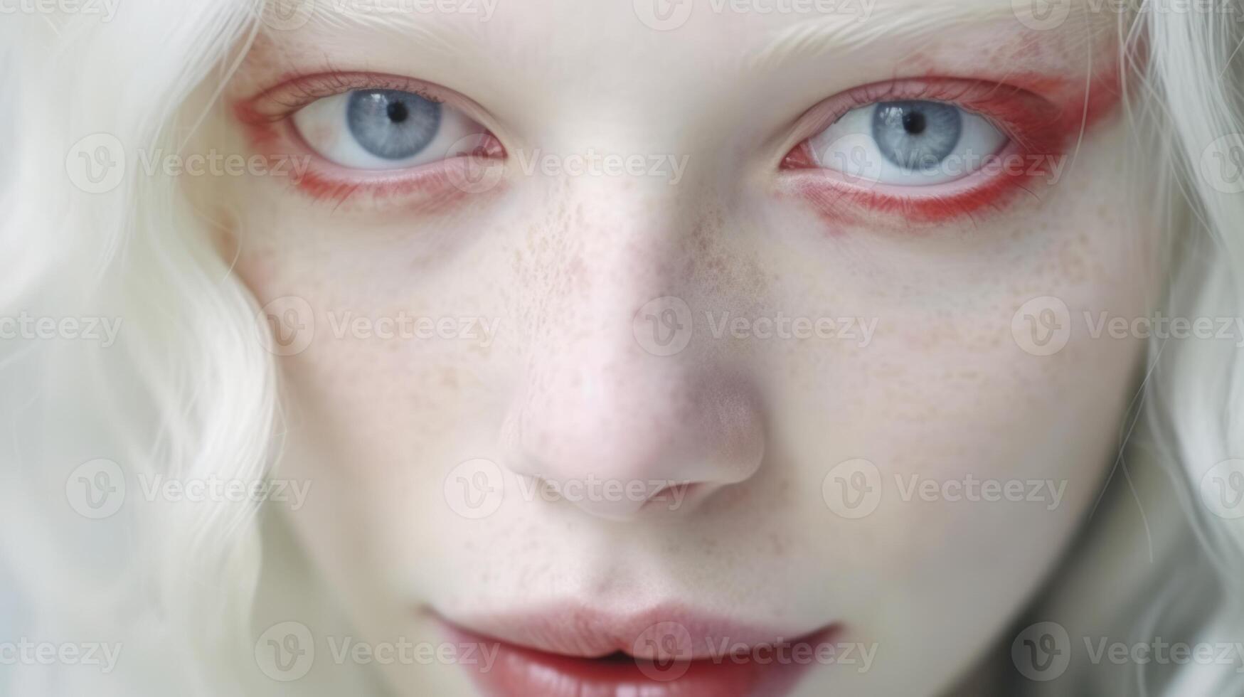 Albino girl with white skin, natural lips and white hair. Neural network photo