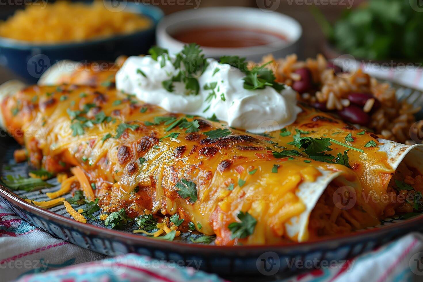 A vibrant plate of chicken enchiladas topped with melted cheese, garnished with fresh cilantro and a drizzle of sour cream, served with a side of Mexican rice and refried beans. photo
