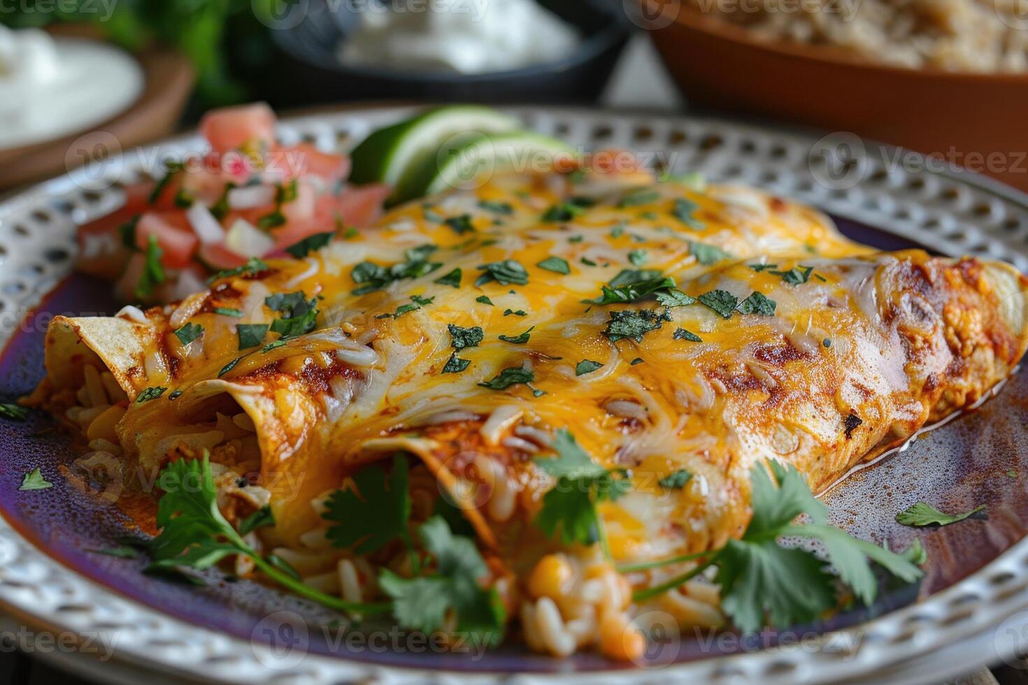 A vibrant plate of chicken enchiladas topped with melted cheese, garnished with fresh cilantro and a drizzle of sour cream, served with a side of Mexican rice and refried beans. photo