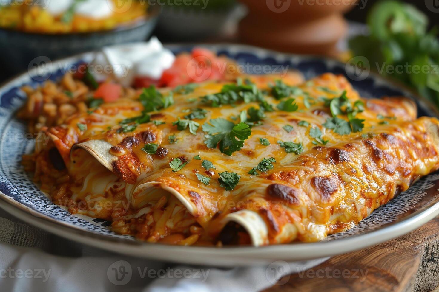 A vibrant plate of chicken enchiladas topped with melted cheese, garnished with fresh cilantro and a drizzle of sour cream, served with a side of Mexican rice and refried beans. photo