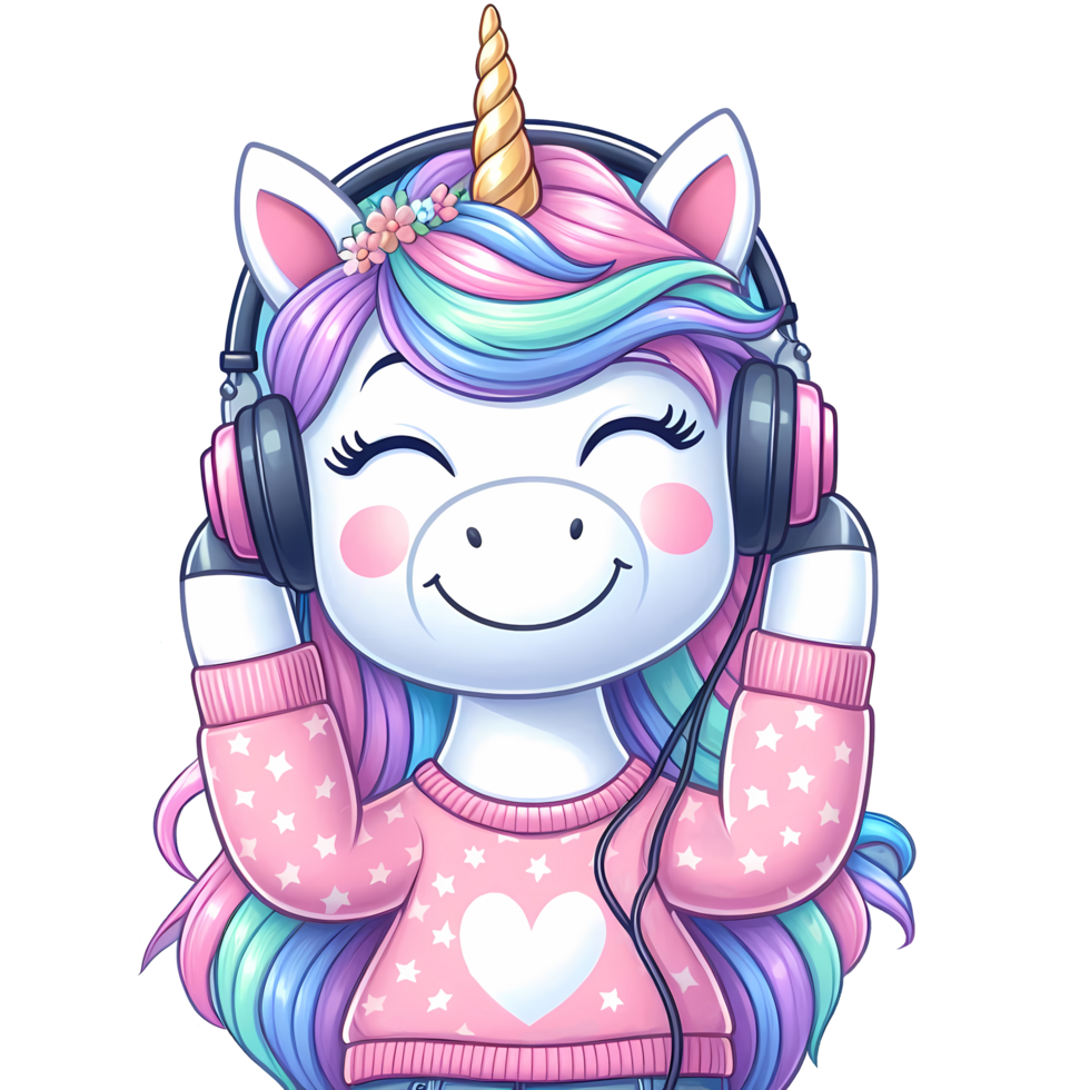 Cute unicorn listens to music in headphones clip art png