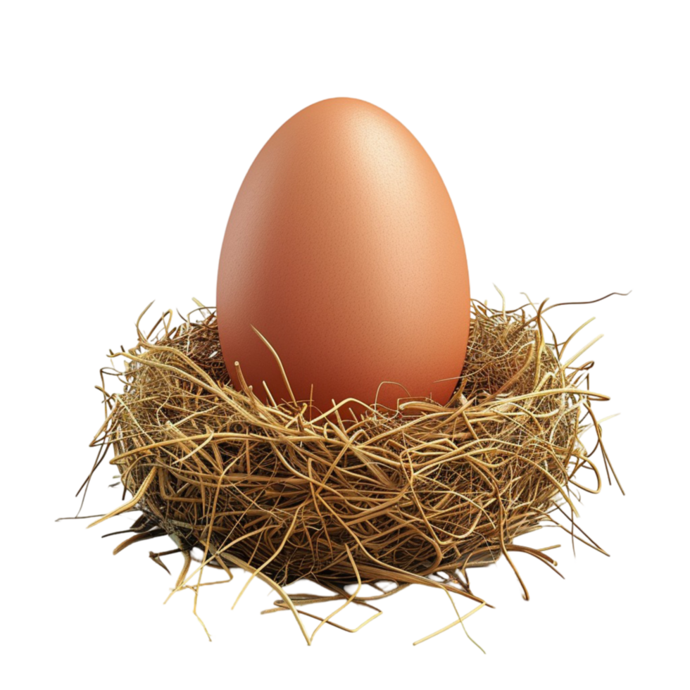 Single Brown Egg Nestled in Bed of Straw Facing Forward on Transparent background AI-Generative png
