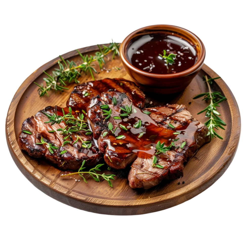 Plate of Grilled Steak with Sauce, Garnishes, on Transparent background AI-Generative png