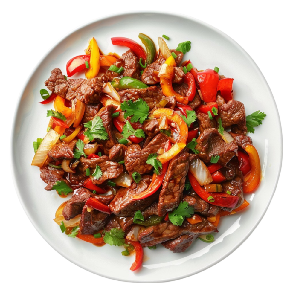 Beef and Peppers Stir Fry on a Plate on Transparent background AI-Generative png