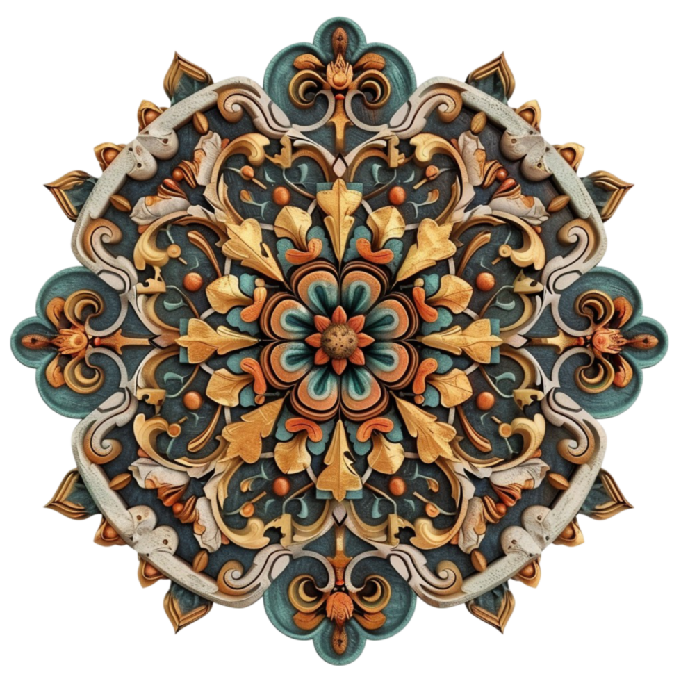 Circular Ornate Design with Gold and Brown Color Scheme on Transparent background AI-Generative png