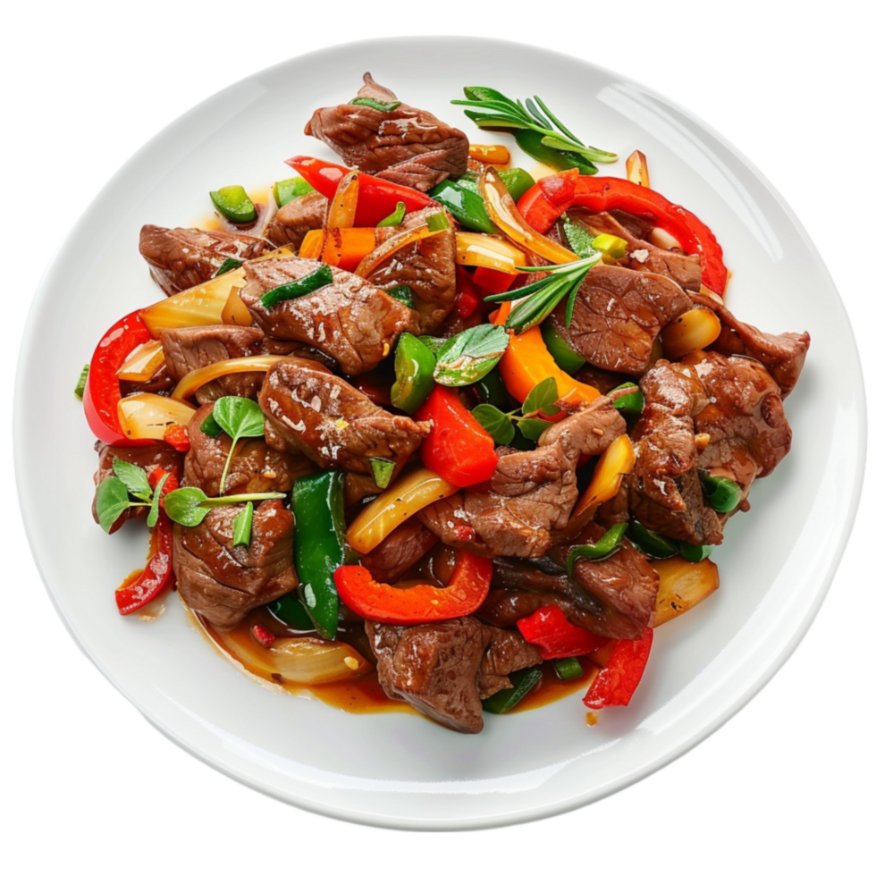 Chinese Beef Stir Fry with Peppers and Onions on Transparent background AI-Generative png