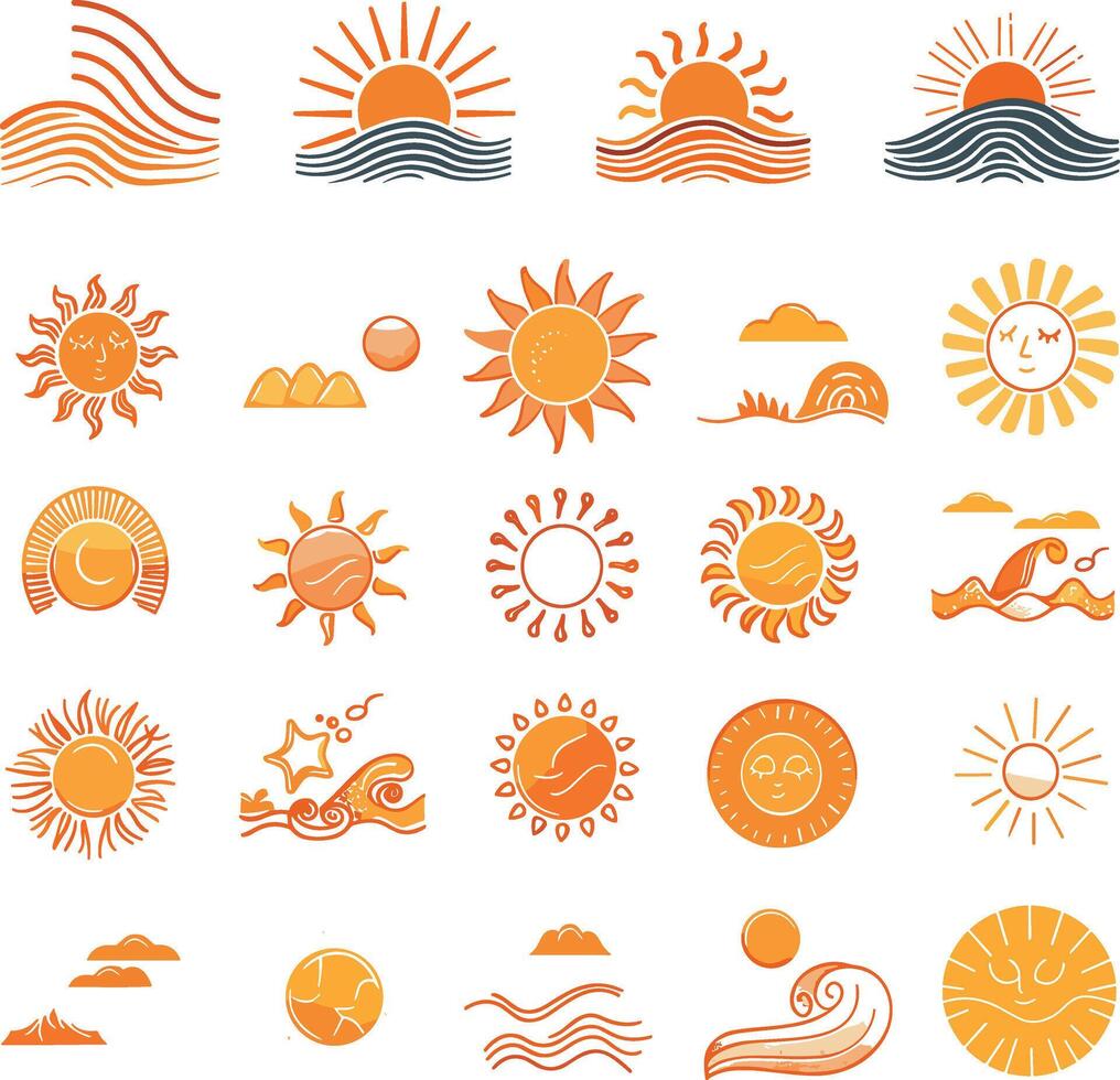 The icons depict suns with different designs, including abstract, stylized, and illustrative variations, often combined with waves, moons, and stars vector