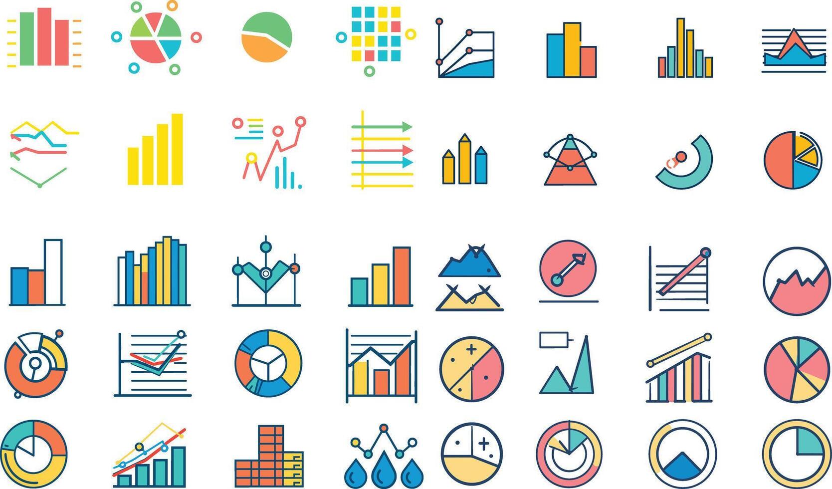 A set of charts and graphs related icons for your design. Graphics and statistics icons set. Collection of simple linear web icons, line charts, candlesticks, combined, bar charts, pie charts vector
