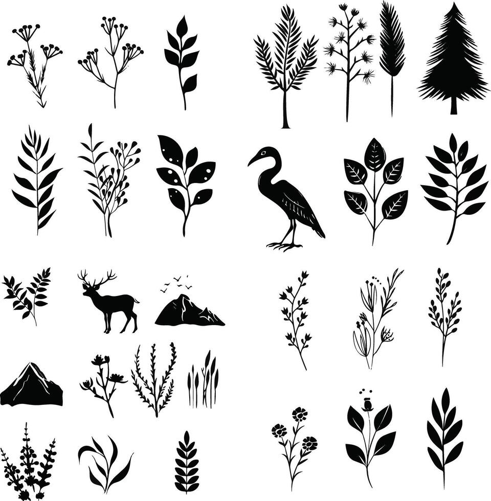 A diverse set of black silhouette featuring various flora and fauna. This collection includes trees, leaves, flowers, a bird, and a deer, capturing the essence of nature and wildlife. vector