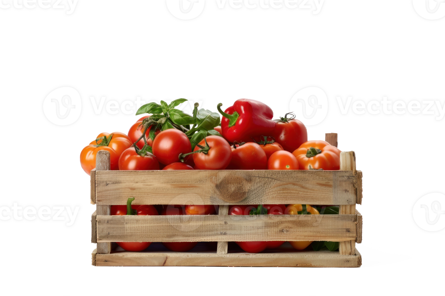 a wooden crate filled with various fruits and vegetables on transparent background png