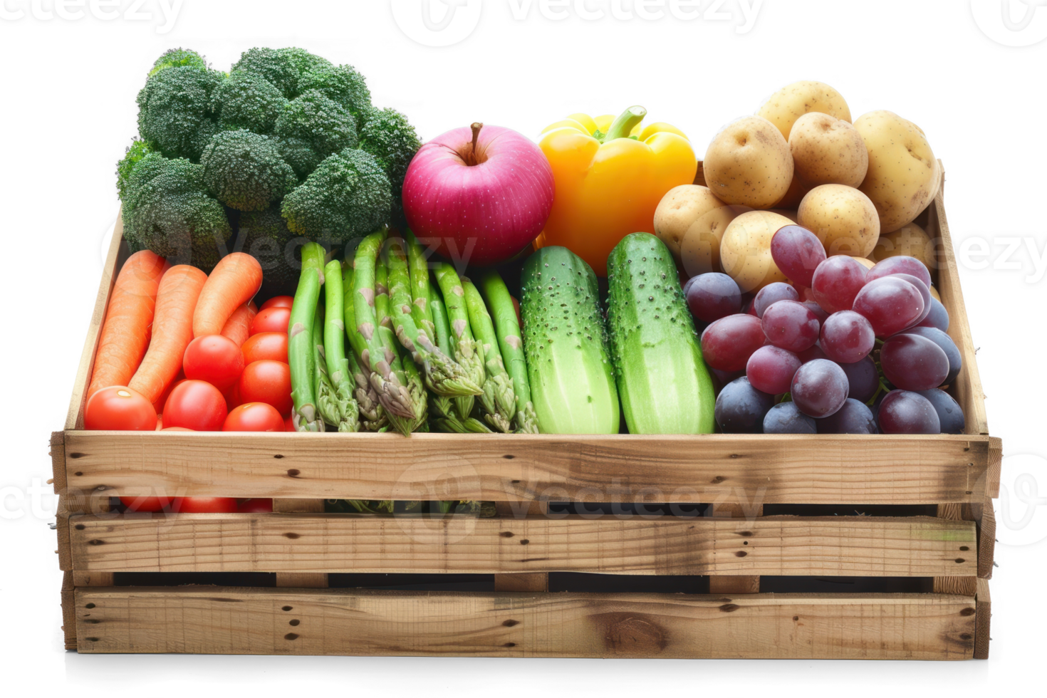 a wooden crate filled with various fruits and vegetables on transparent background png
