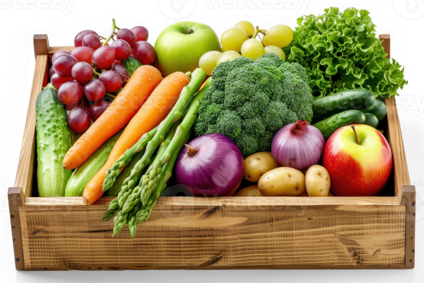 a wooden crate filled with various fruits and vegetables on transparent background png