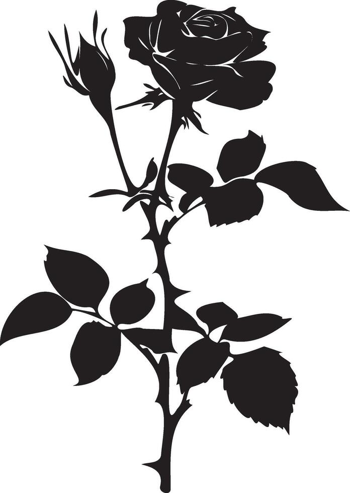 Rose silhouette with leaves black and white vector