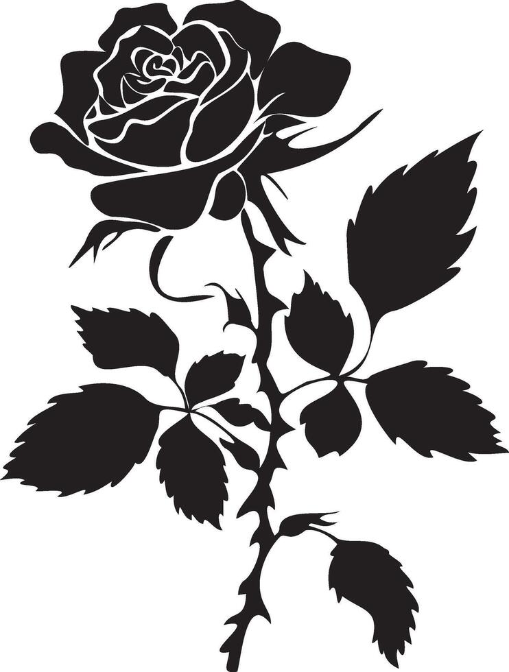 Rose silhouette with leaves black and white vector