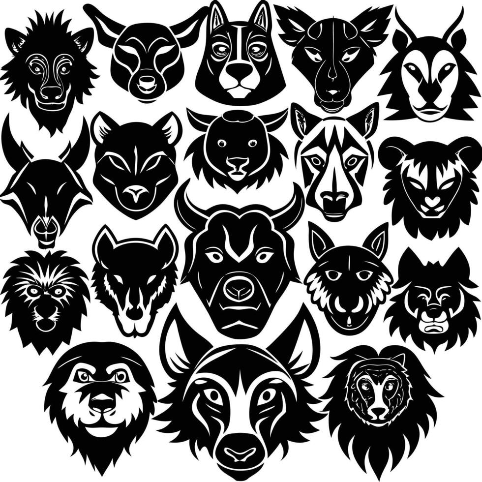 Animals heads drawn different sorts silhouettes set vector