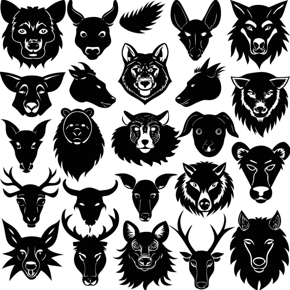 Animals heads drawn different sorts silhouettes set vector