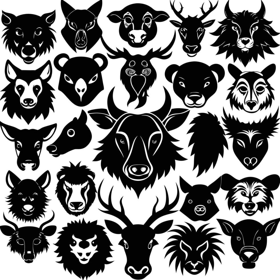 Animals heads drawn different sorts silhouettes set vector