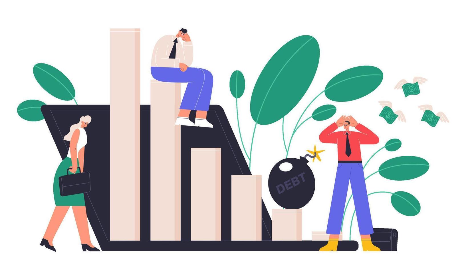 Business problems, bankruptcy, company ratings drop concept. Company financial trouble, economy failure company employee illustration. Financial troubles scenes vector