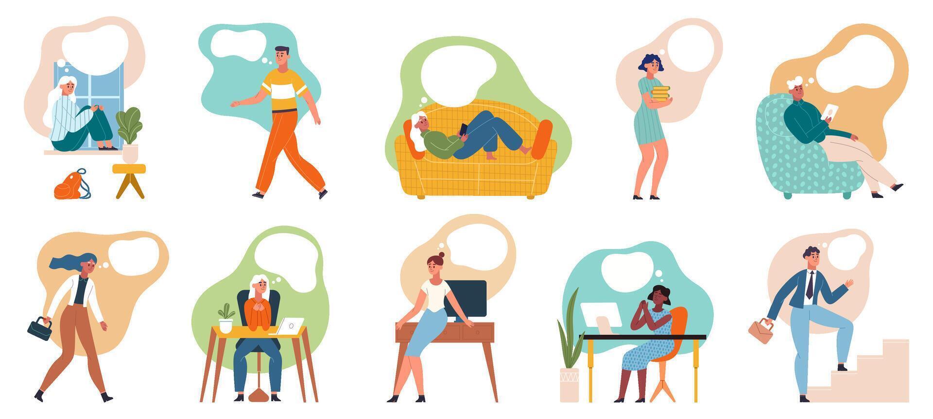 Dreaming people, dreamy thoughtful characters in office and at home. Dreamy male and female characters with dream bubbles illustration set. Thoughtful dreaming persons vector