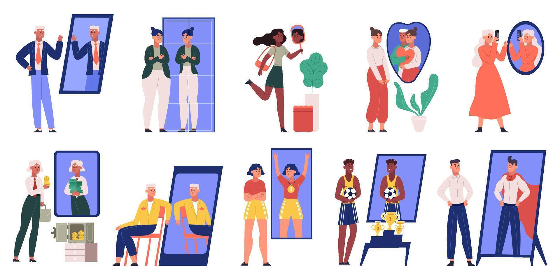 People look in mirror, self confident male and female characters. Self absorbed, narcissistic characters illustration set. Self confidence, motivation scenes vector