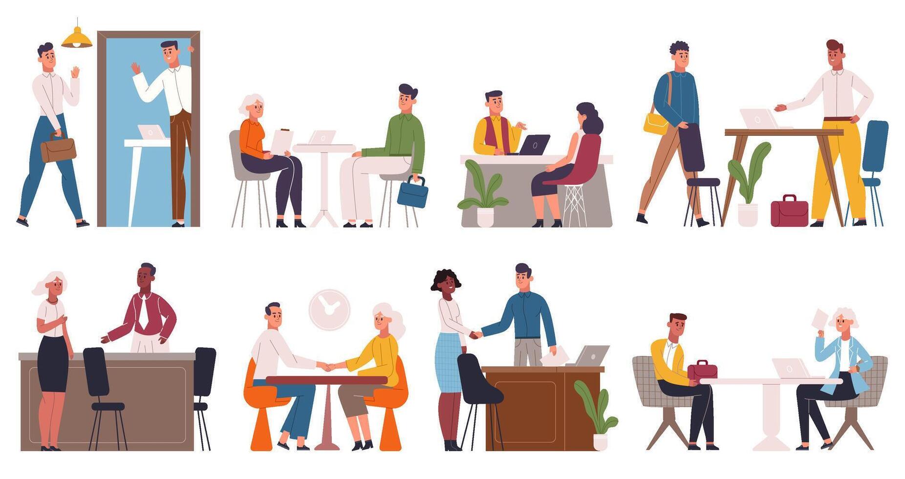 Job interview, recruitment and hiring process. Company hr workers talking to job seekers illustration set. Business job interview scenes vector