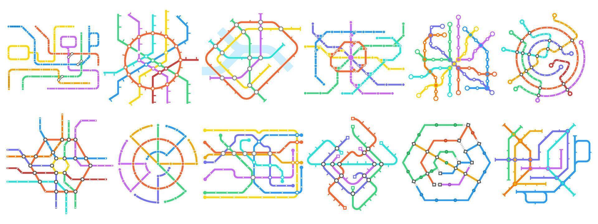 Metro subway maps, public transport, underground tube schemes. Subway transportation schemes, public transport plan illustration set. Underground train stations maps vector